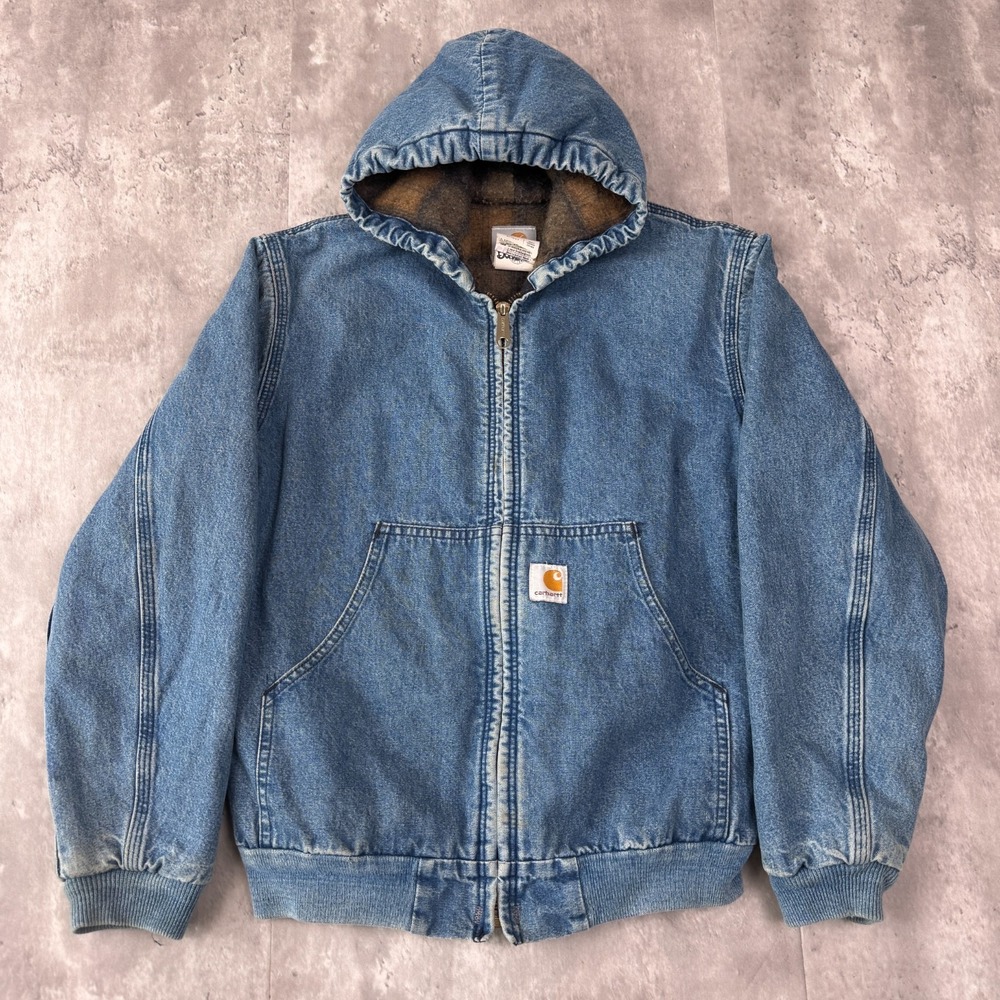 Vintage Carhartt Jacket Youth L Blue Denim Blanket Lined Hooded Work Y07 DST